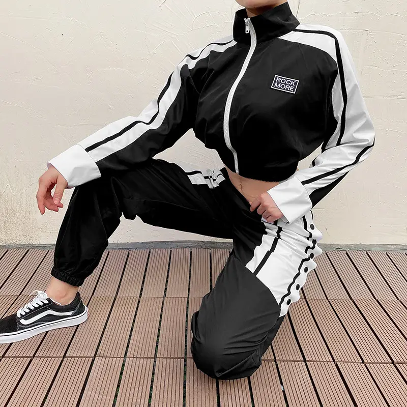 Alphabet Embroidered Colorblock Zip Casual Set
