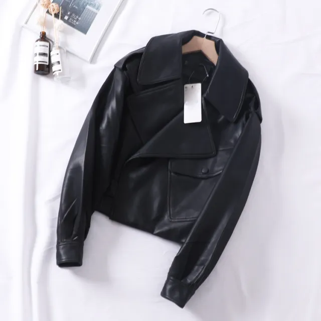 Loose cropped leather jacket motorcycle jacket Black - Shop at LoveMi