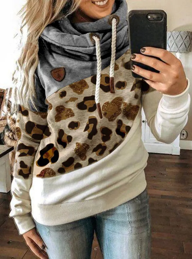 Printed stitching hooded fleece loose sweatshirt Grey - Shop at LoveMi
