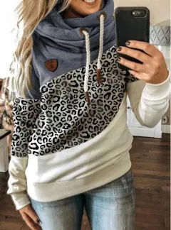 Printed stitching hooded fleece loose sweatshirt - Blue - View 1