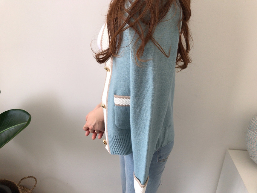 Small fragrance wind contrast color V - neck sweater cardigan coat