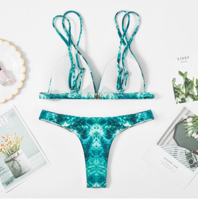 Ocean print split sea water print triangle cup bikini