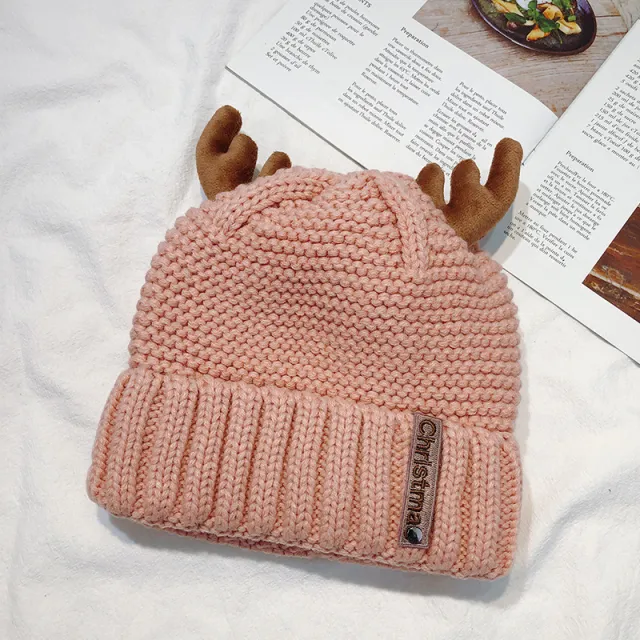 Knitted hat cute antler Christmas hat warm knitted hat Pink - Shop at LoveMi