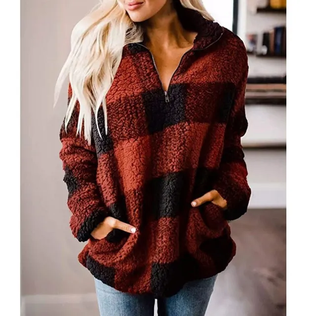 Stand collar contrast Plaid oversized Plush coat Tan - Shop at LoveMi