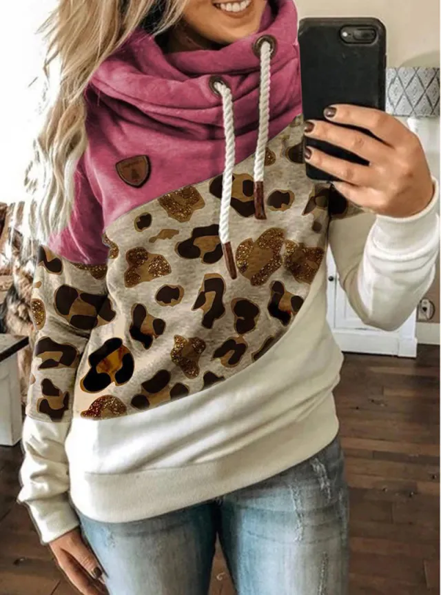 Printed stitching hooded fleece loose sweatshirt Rose Red - Shop at LoveMi