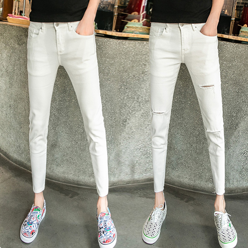Korean style trendy 9-point knee-cut hole pants