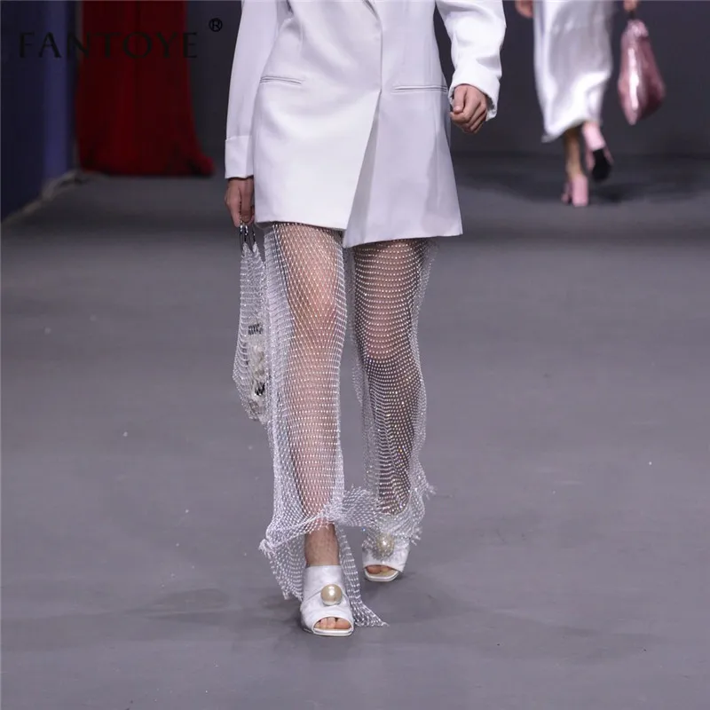 Mesh flash diamond slit pants - White