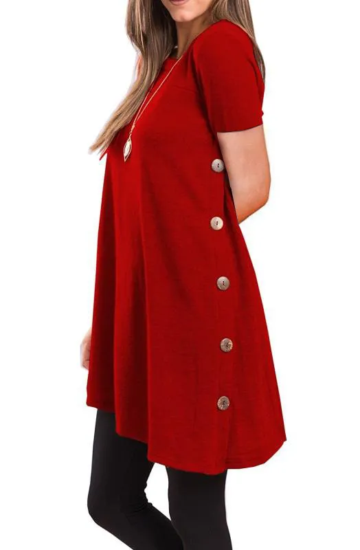 Short sleeve irregular skirt buttons Red - Shop at LoveMi