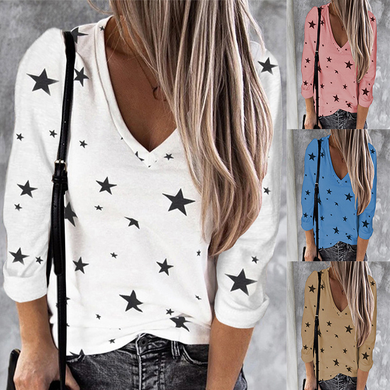 V-neck star digital print long sleeve T-shirt