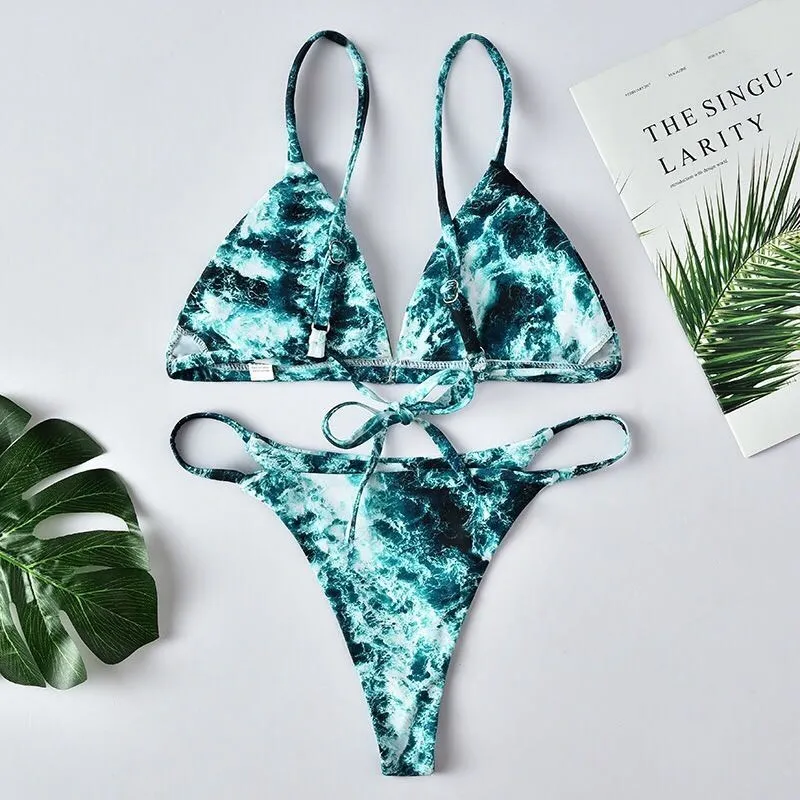 Leaf print split swimsuit feminine halter - One Shoulder-S