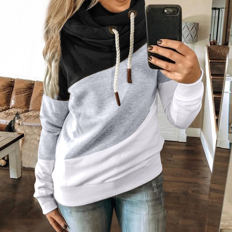 Autumn and winter women's stitching printed hooded fleece women's sweater