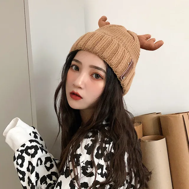 Knitted hat cute antler Christmas hat warm knitted hat Coffee - Shop at LoveMi