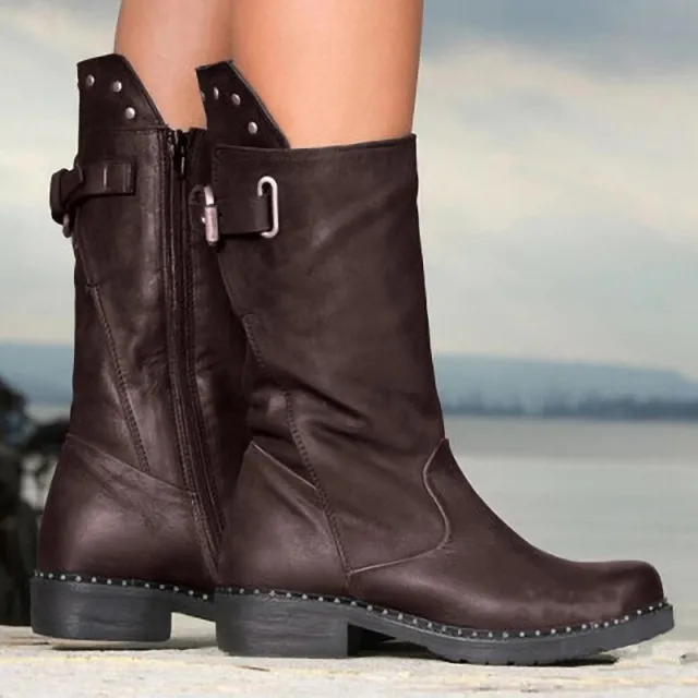 Thick soled leather ankle boots high top motorcycle boots Brown - Shop at LoveMi