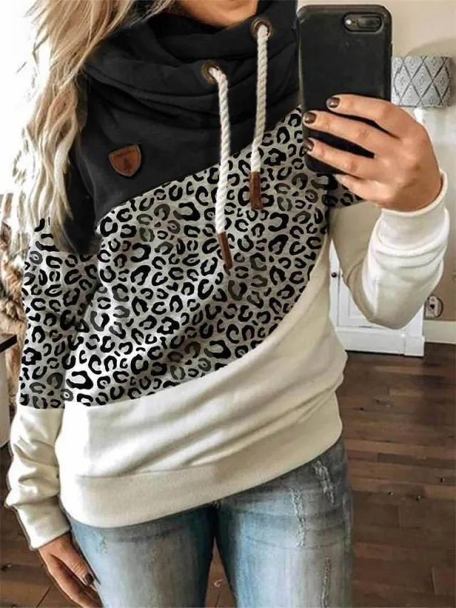 Printed stitching hooded fleece loose sweatshirt Black - Shop at LoveMi