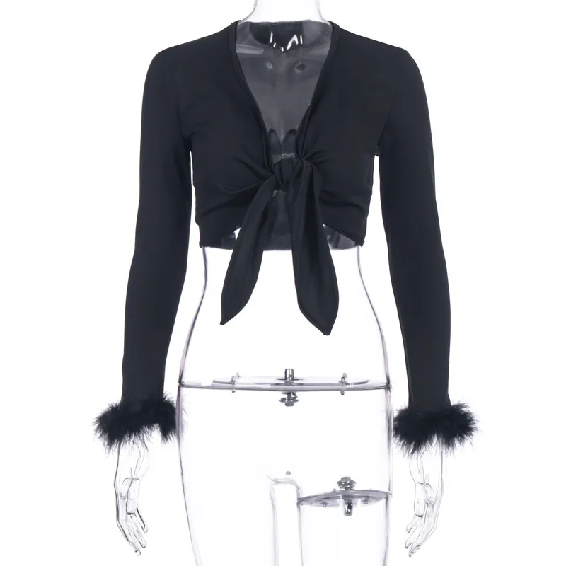 Autumn long-sleeved T-shirt with umbilical cord hair - Black