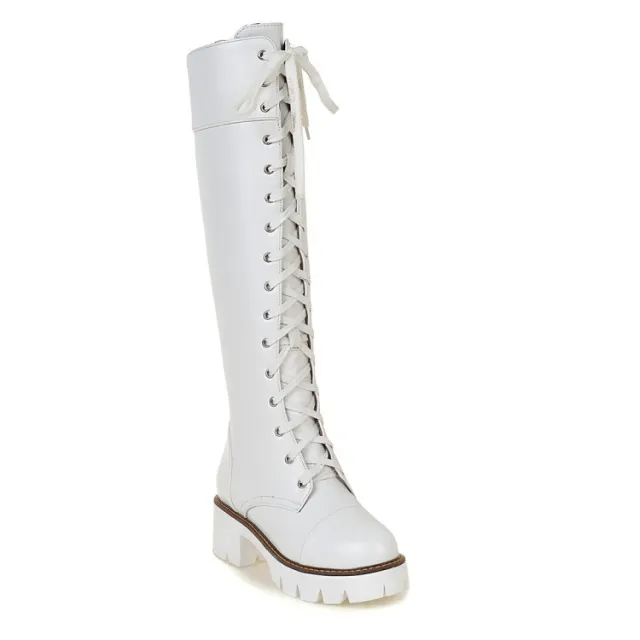 Lace up low heel high boots White - Shop at LoveMi