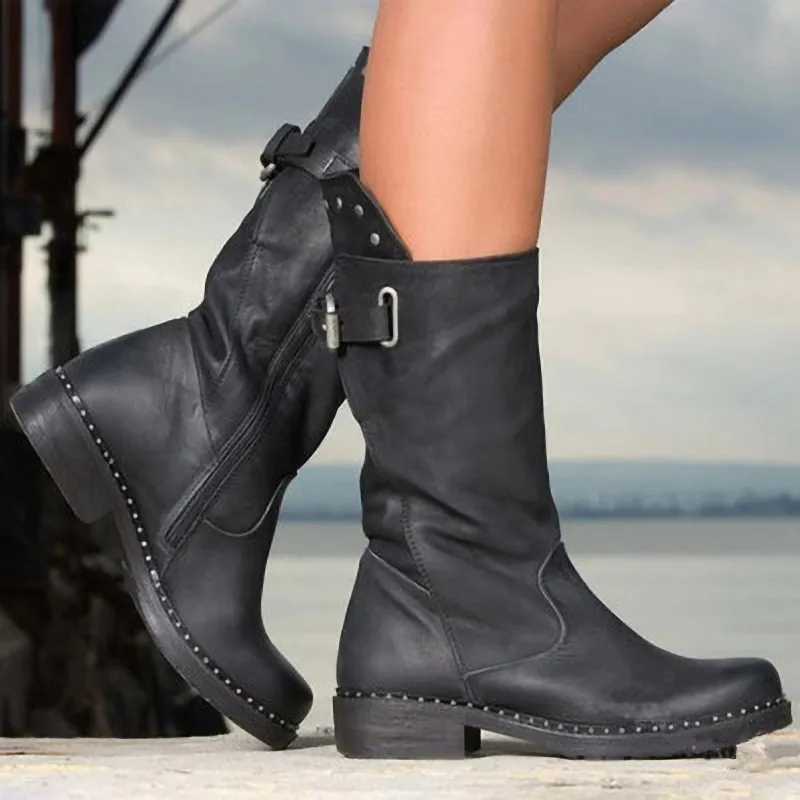 Thick-soled leather ankle boots high-top motorcycle boots - Black
