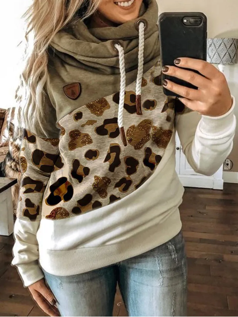 Printed stitching hooded fleece loose sweatshirt - Khaki