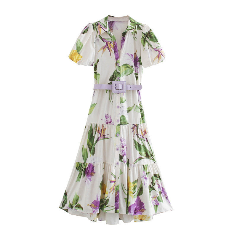 Puff sleeve print lotus leaf dress