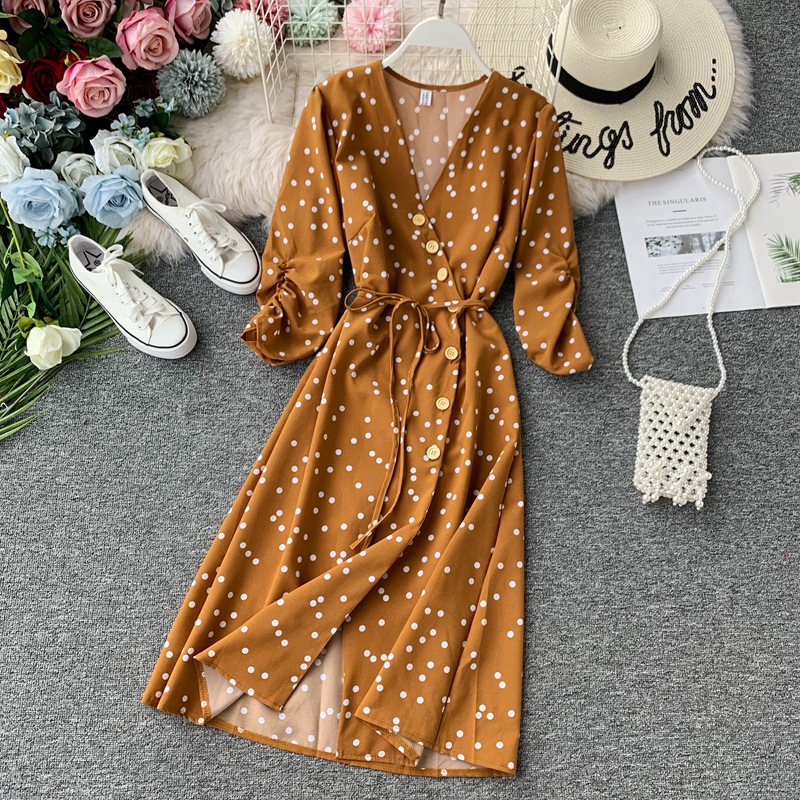 Polka dot lace chiffon dress over the knee midi skirt