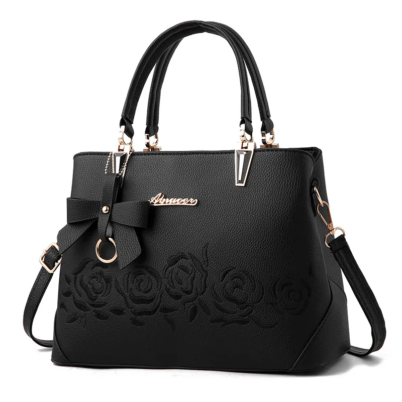 Embroidered rose tote shoulder bag - Black