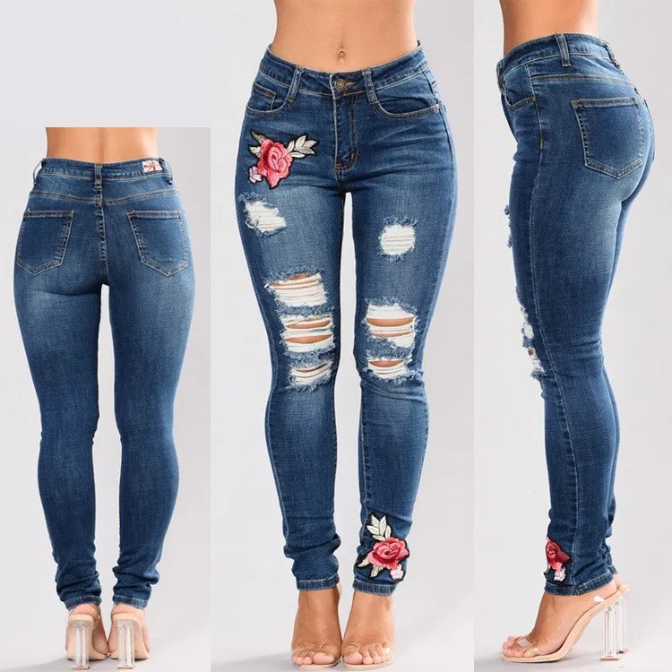Perforated embroidered high elastic jeans - Dark Blue