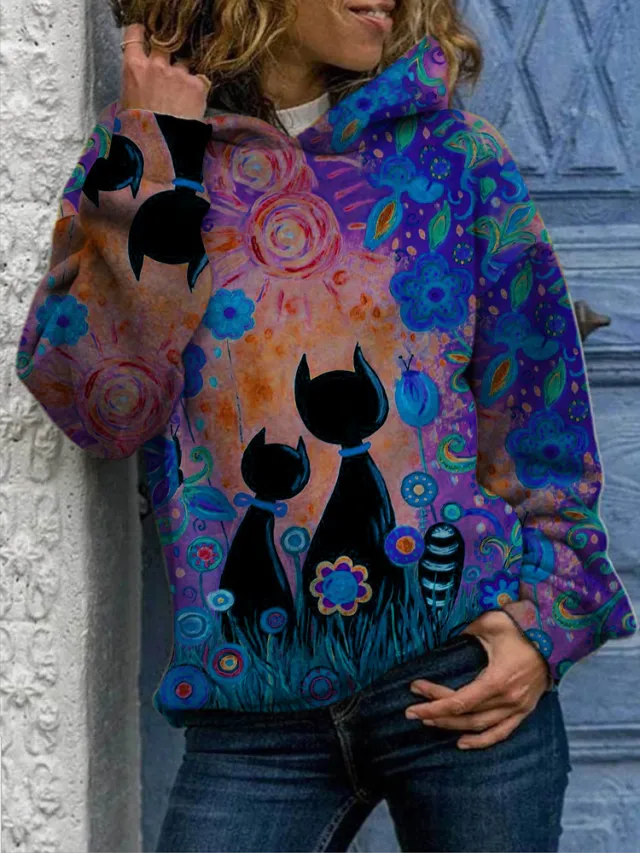 Comfortable printed Cat Sweater Blue - Shop at LoveMi