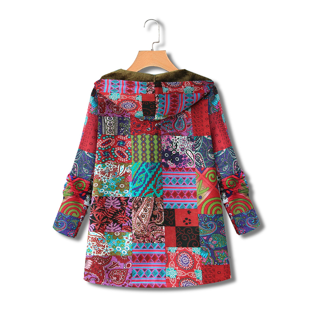 Printed cotton linen Hooded Coat zipper
