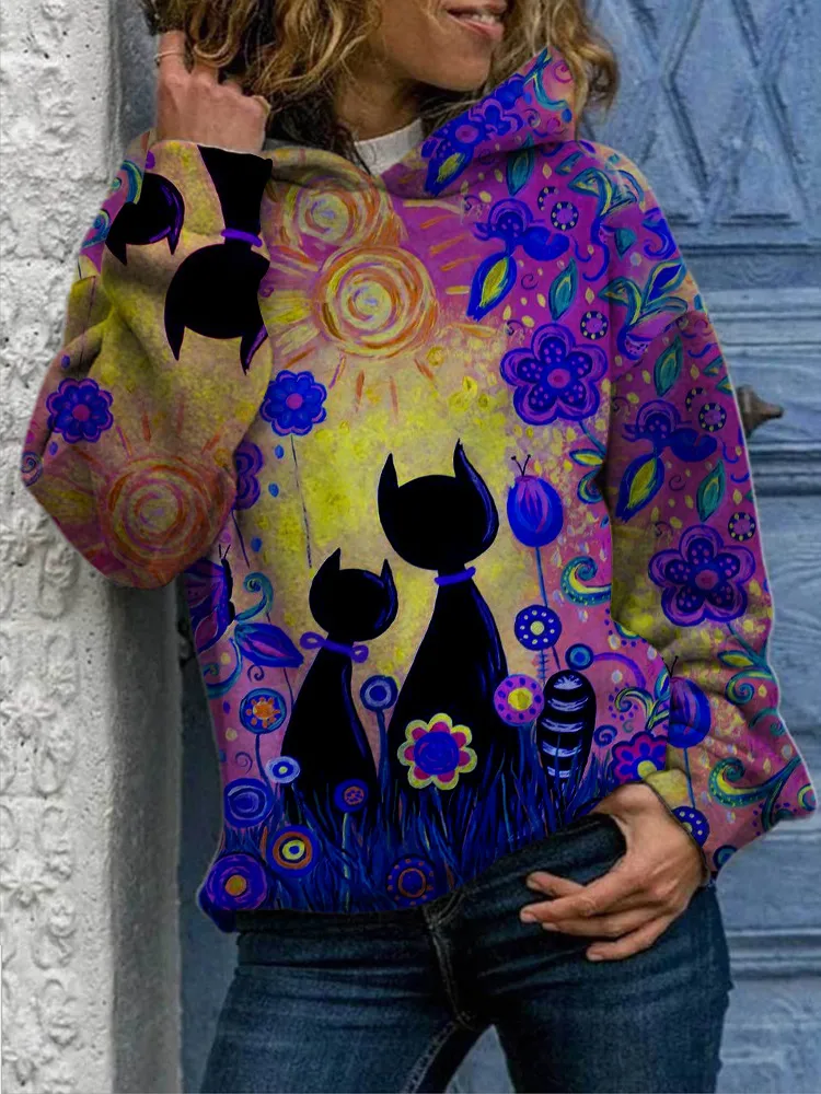 Comfortable printed Cat Sweater - Purple