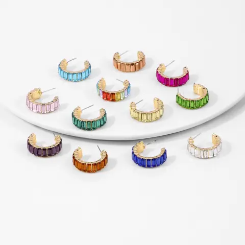 Multicolor Glass Diamond C-shaped Earrings