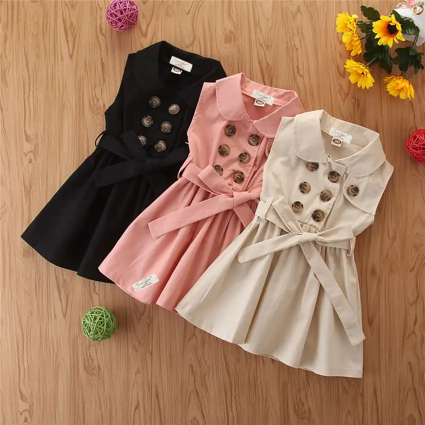 Three-color girls sleeveless double-breasted dress