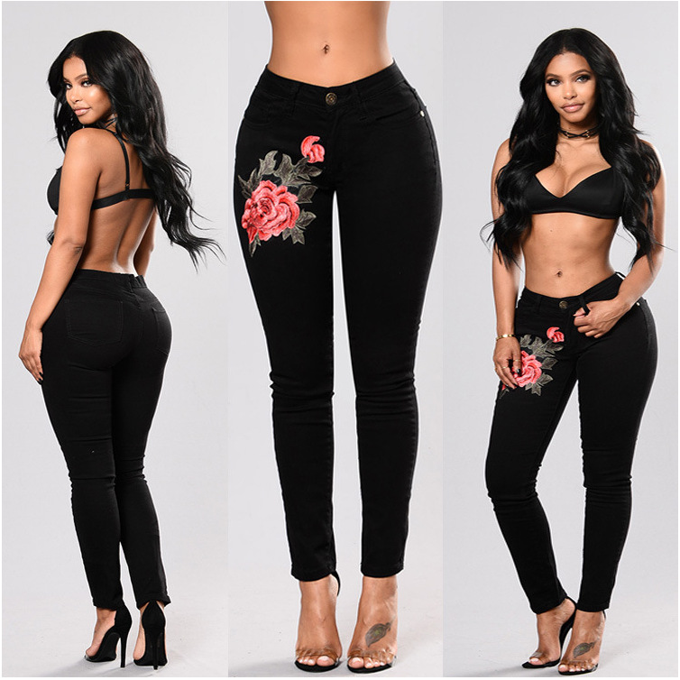 Perforated embroidered high elastic jeans Black - Shop at LoveMi