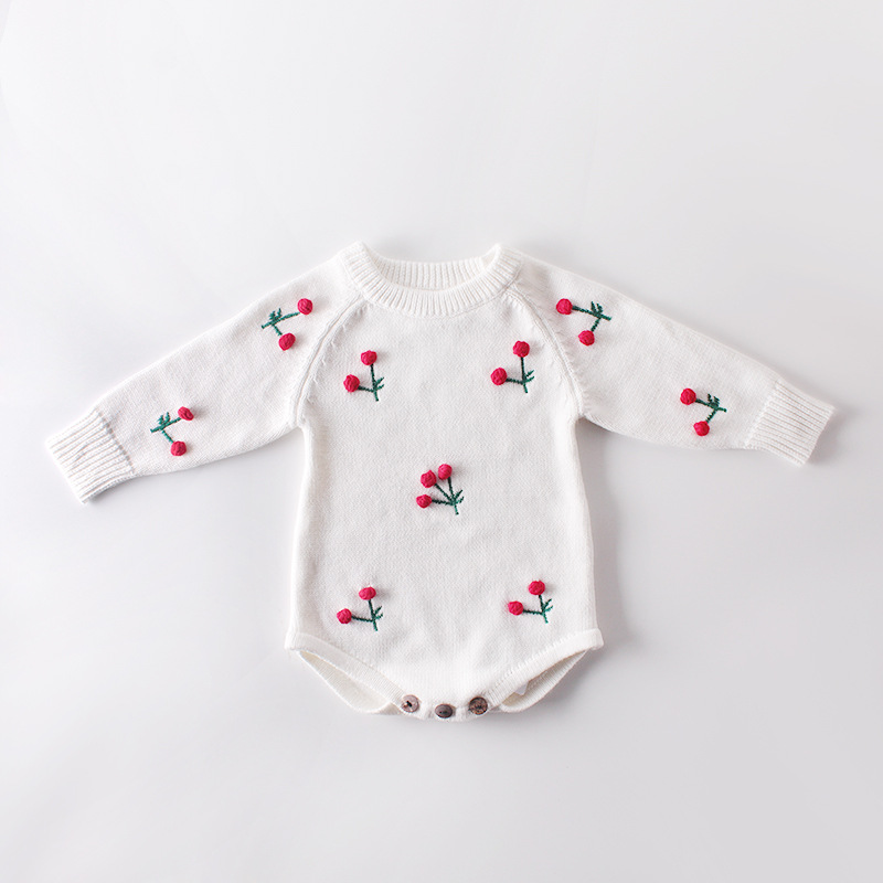 Baby cherry long-sleeved knitted wool jumpsuit with fart