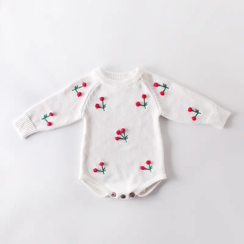 Baby cherry long-sleeved knitted wool jumpsuit with fart