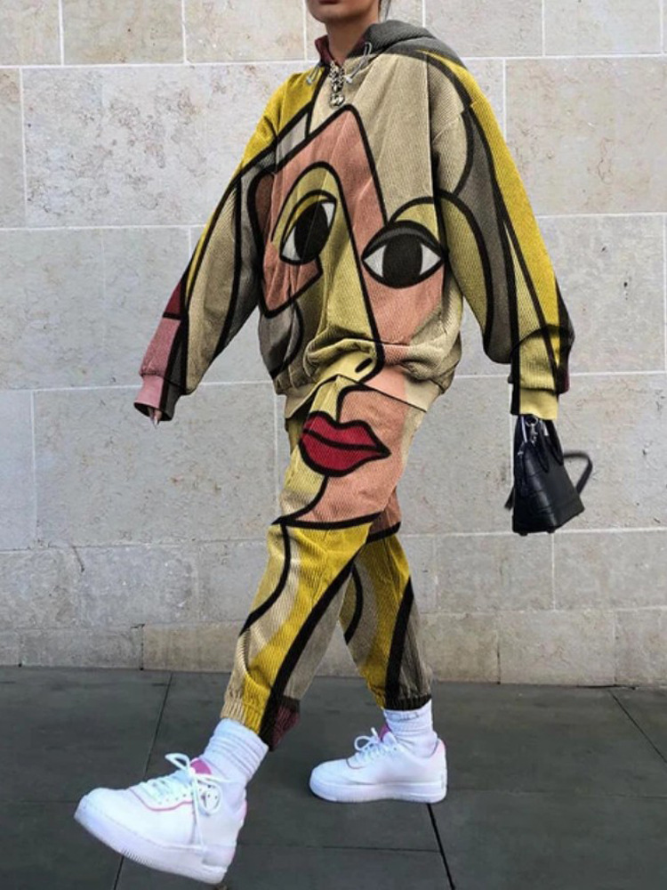 Loose corduroy printed sweater set