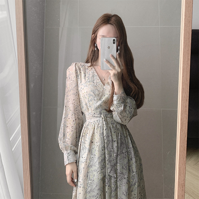 Floral lace up high waist V-Neck long sleeve dress