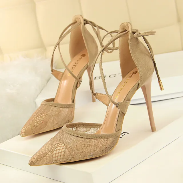 Mesh lace cross cut sandals Khaki - Shop at LoveMi