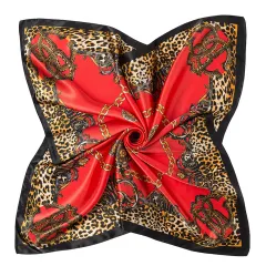 Ladies imitation silk scarf Malaysia head scarf leopard print chain print big square scarf - Red - View 1