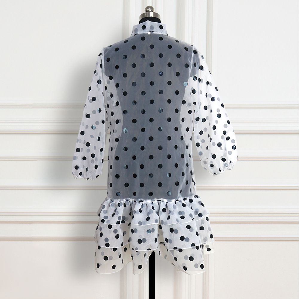 Stand collar bow polka dot ruffle dress