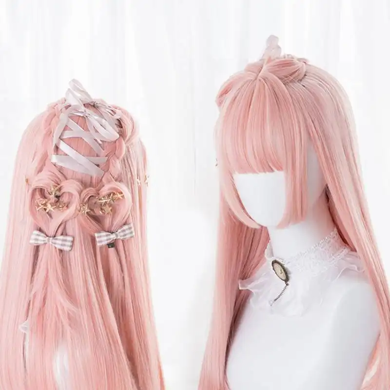 Princess cut long straight hair double ponytail wig