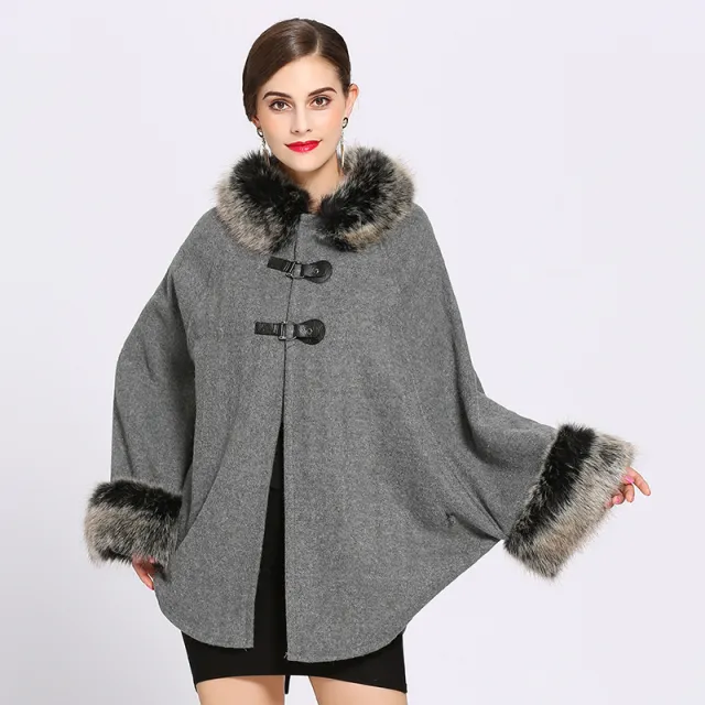 European and American autumn and winter new style rex rabbit fur collar double leather buckle knitted cardigan cloak shawl woolen coat women Grey - Shop at LoveMi