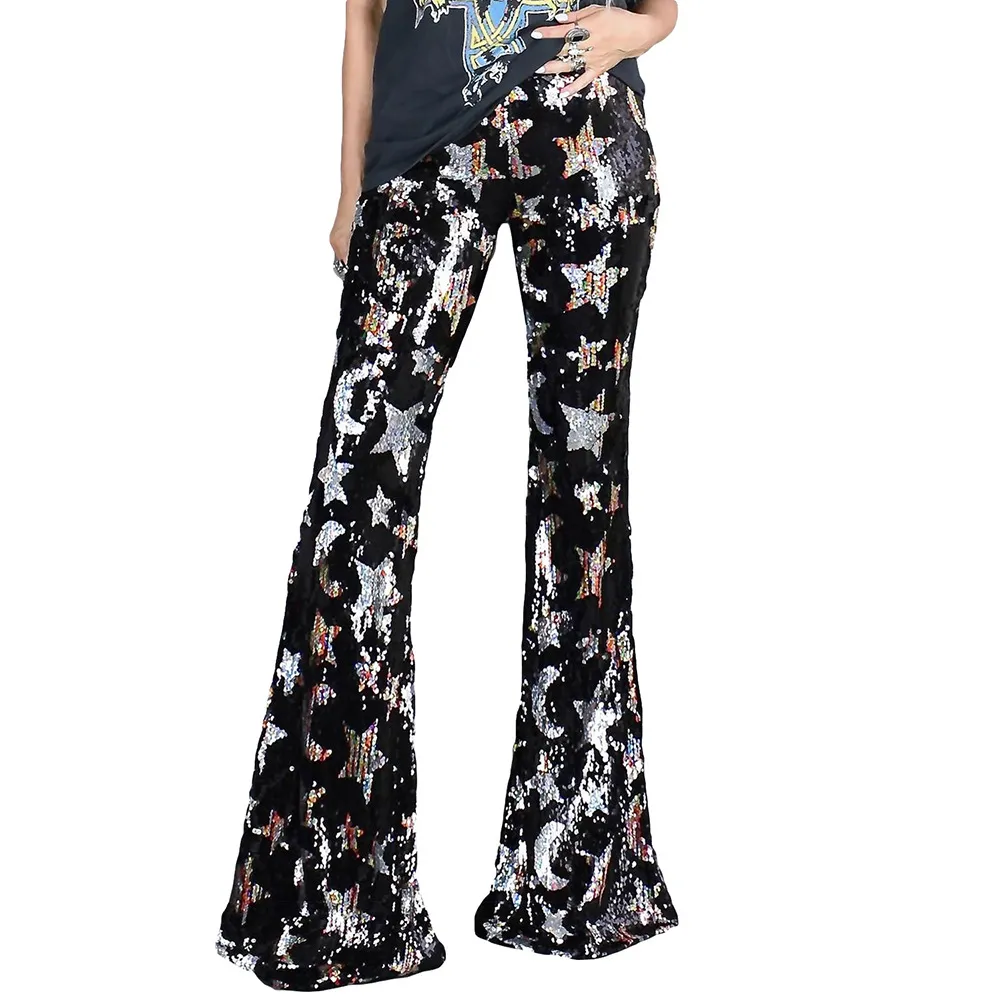 Stitched sequined women's flared pants - Black