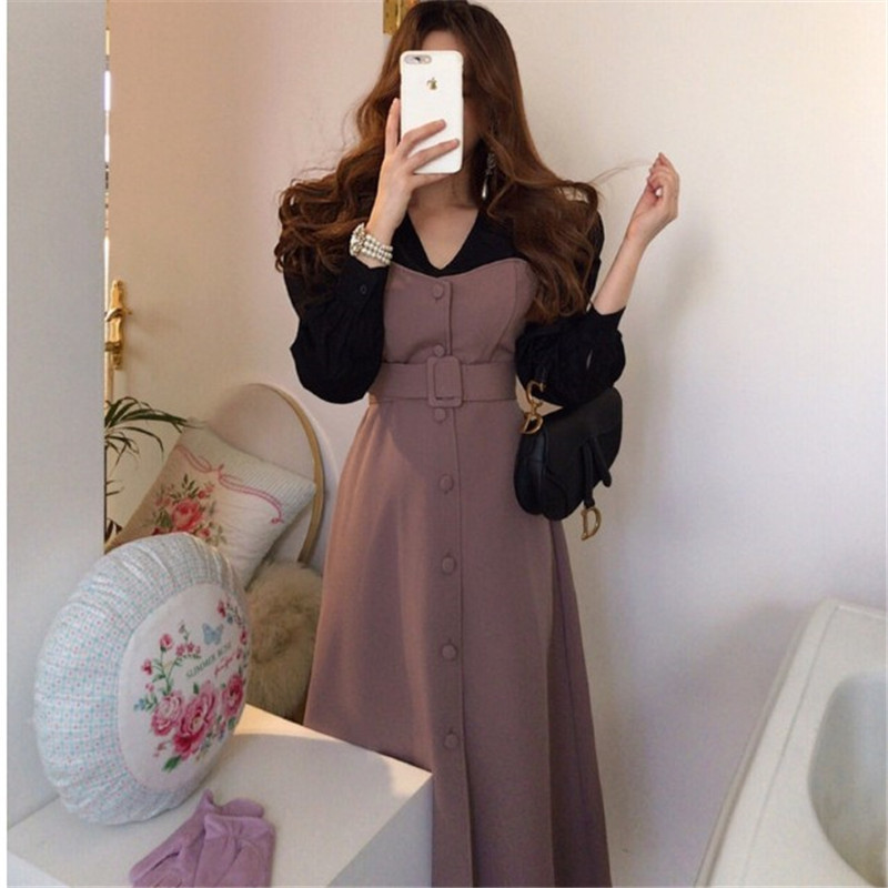 Women's stitching fake two piece waist lace up dress