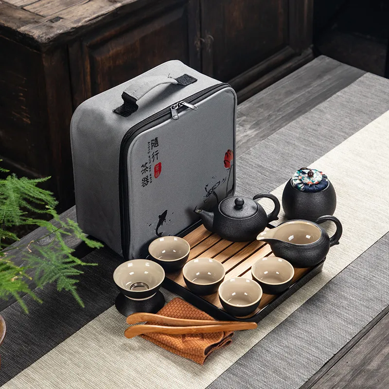Black pottery portable travel tea set - 3 Set