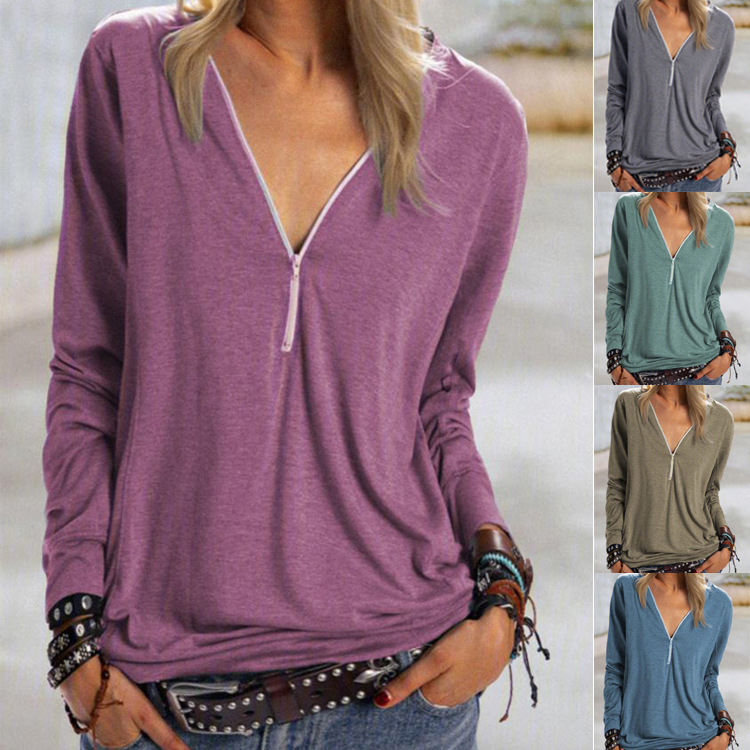 Zipper solid long sleeve T-shirt