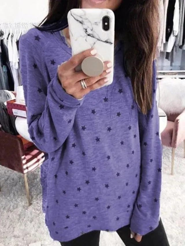 Star print long sleeved T shirt bottoming shirt top Purple - Shop at LoveMi