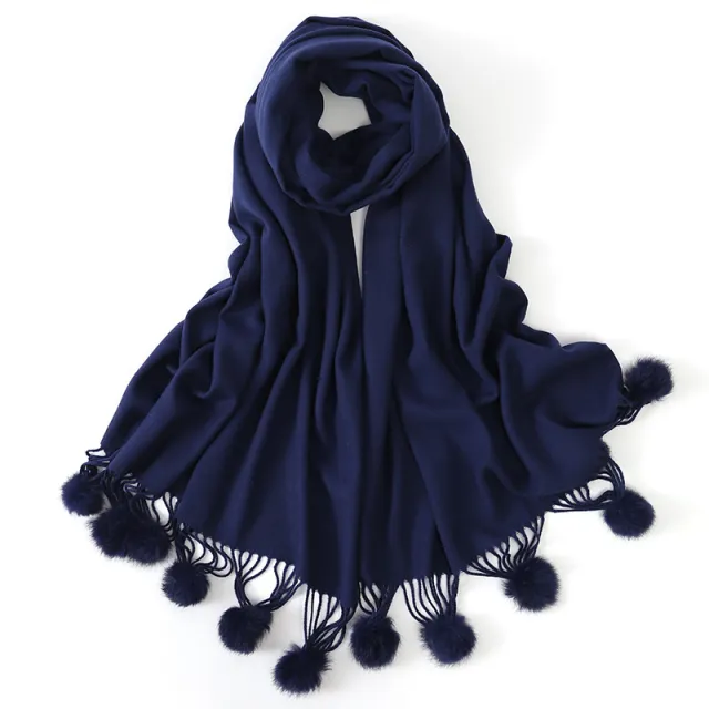 Pure color rabbit fur ball cashmere scarf Navy Blue - Shop at LoveMi