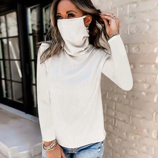 Autumn pile collar mask long sleeve Knitted Top White - Shop at LoveMi