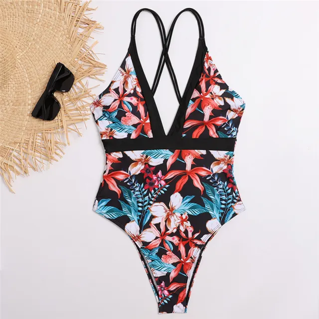 Leaf print lace up swimsuit Black - Shop at LoveMi