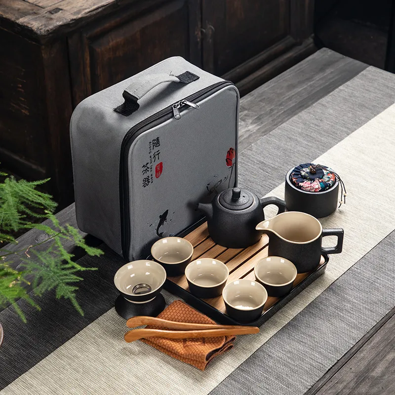Black pottery portable travel tea set - 2 Set